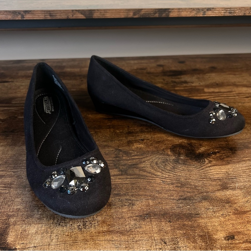 Seychelles French 1" Wedge Heel Black Jewel Rhinestone Toe Memory Foam Women's 8